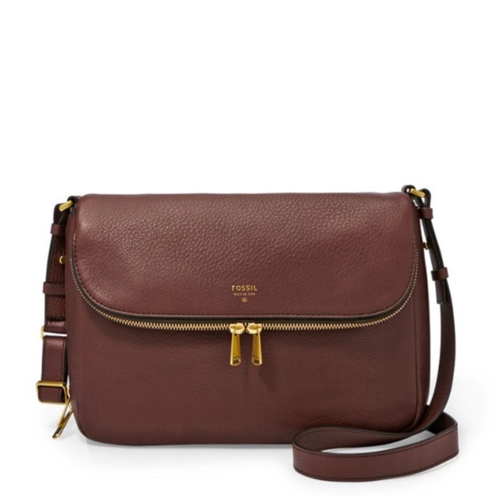 Fossil Preston Chocolate Brown Flap Leather Crossbody Purse
